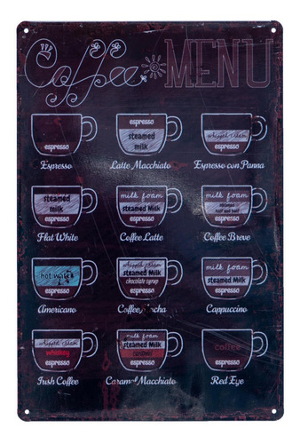 Cuadro Metalico Vintage Diseño Menú Coffee/  Runn