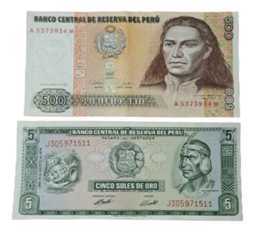 Peru X 2 Billetes 500 Intis Y 5 Soles De Oro 1974 .exc +++