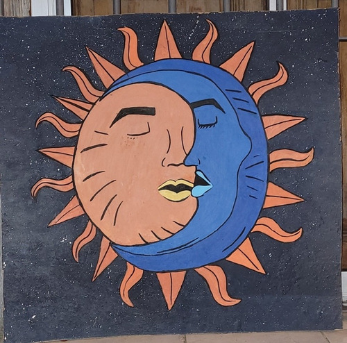 Cartel Pintura Artesanal Sol Y Luna 70 X 70 Cns