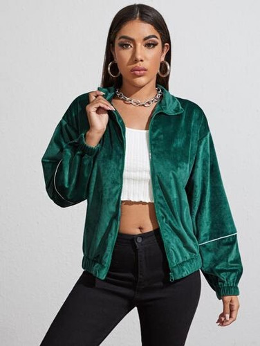 Chaqueta Velvet Verde Linea Blanca Mangas Cierre Shein