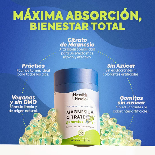 Citrato De Magnesio En Gomitas | 180 Gummies Para 3 Meses Hh Sabor Mora Azul