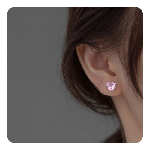 Aretes Punto De Luz Zircón Corazón Rosa Joya Plata 950 10mm