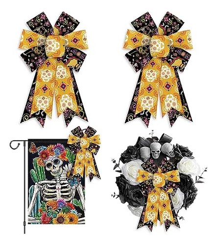 2pcs Day Of The Dead Bows For Wreath, Yellow Black Dia ...