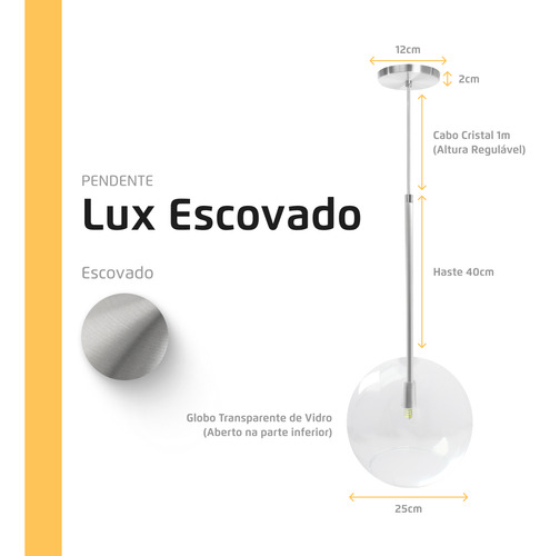 Kit 3 Pendente Lux Escovado Globo Vidro Cristal 25cm + Led