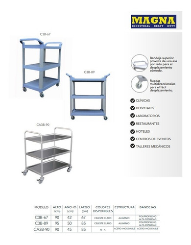 Imagen 3 de 5 de Carro Multiuso 3 Bandejas Chico 67 X 42 X 90 Cm./ Eiproltda.