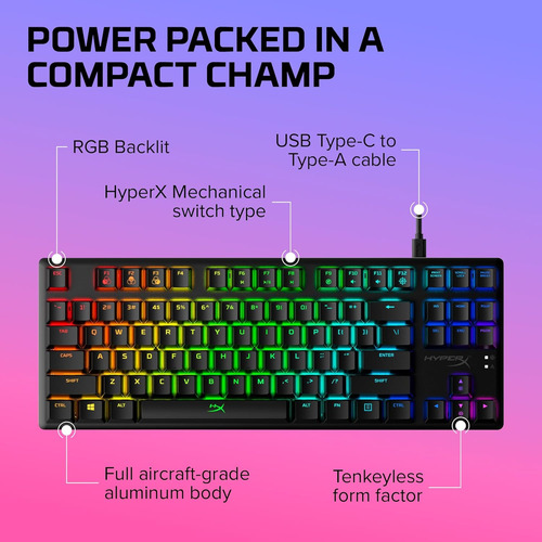 Teclado Mecánico Hyperx Rgb, Tamaño Tkl, Switch Aqua, Negro