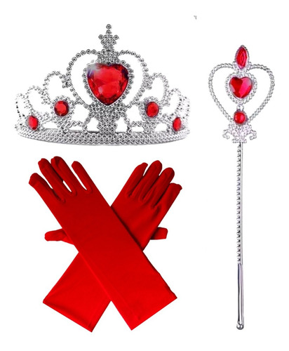 Kit Acessório Festa Varinha Coroa Luvas Vermelho Princesa