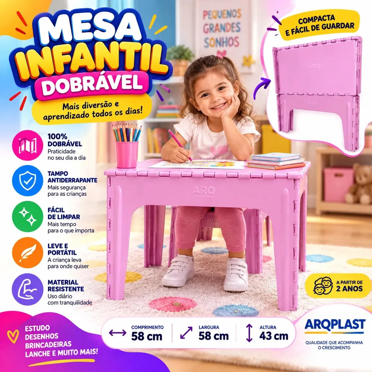 Mesa Infantil Criança Estudo Dobrável Cor Rosa Plástica 57cm Arqplast 26052PM