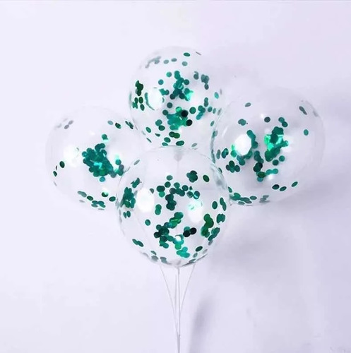 5 Globos Cristal Transparente Confetti Verde Metalizado