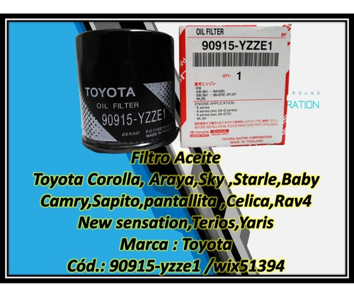 Filtro Aceite Toyota Corolla Terios Yaris Celica Starlet 