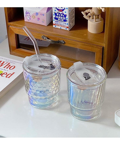 Vaso De Vidrio Con Tapa Y Sorbete De Vidrio Tornasolado Tornasol