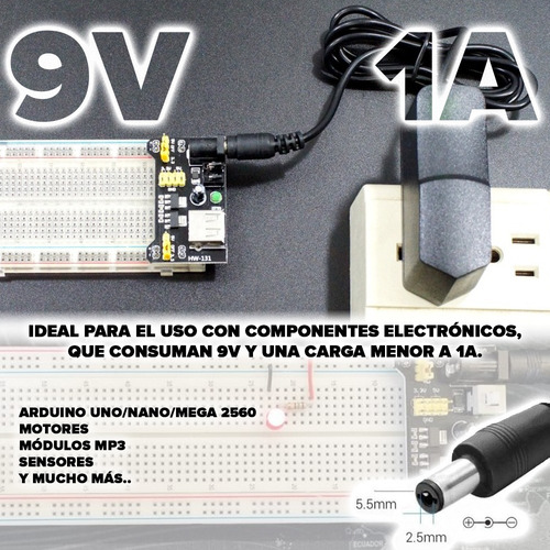Tecneu 5 Piezas Eliminador De Corriente 9v 1a Plug 2.1mm Fuente De Alimentacion Para Arduino y Electrónicos