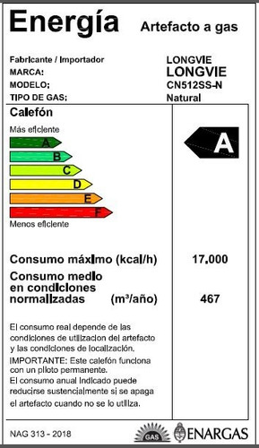 Imagen 2 de 2 de Calefón Longvie Tiro Natural Pilotless 12 Litros Cn512ss Gn