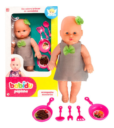 Boneca Bebe Infantil Babidu Papinha Com Acessorios Panela 