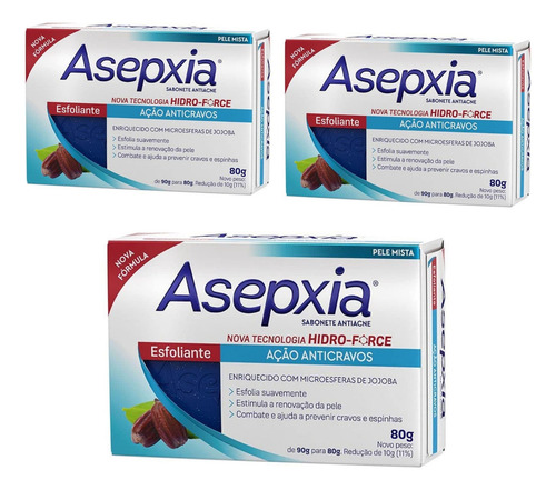 3 Sabonete Asepxia Antiacne Esfoliante Ação Anticravos 80g