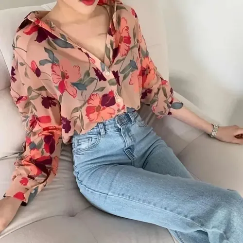 Blusa Floral De Chifón Para Mujer, Camisa De Manga Larga