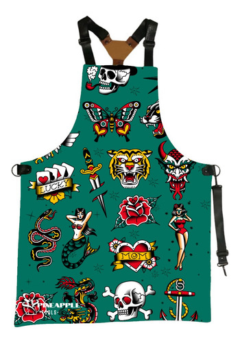 Mandil Tatuajes Delantal Bartender Parrillero Pineapple Tool Color Verde Oscuro