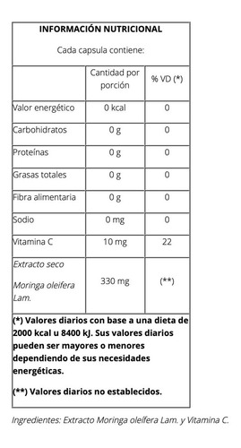 Natier Moringa 50 Cápsulas Calcio Hierro Fibra Antioxidante Sabor No