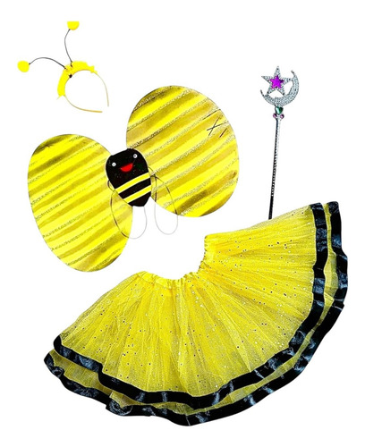 Disfraz Abejita Ala Vincha Tutu Brillo Varita Niña Halloween Amarillo Tela Tutu Amarillo Brillos 1 A 2
