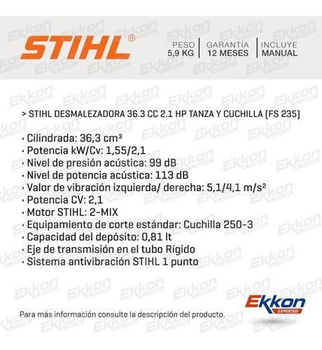 Imagen 2 de 6 de Desmalezadora Stihl 36.3 Cc 2.1 Hp Tanza Y Cuchilla Fs 235