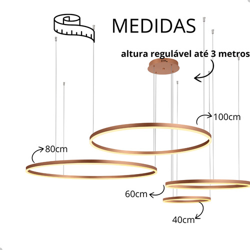GMH Luminária Lustre Pendente Led Moderno Pé Direito Alto 3metros cabo regulável Hall Aneis Led Estrutura Cobre