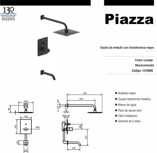Ducha De Embutir C/ Transf. Monocomando Piazza Lounge Negro