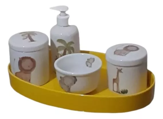 Kit Higiene Porcelana Bebê Safari Animais E Bandeja Oval
