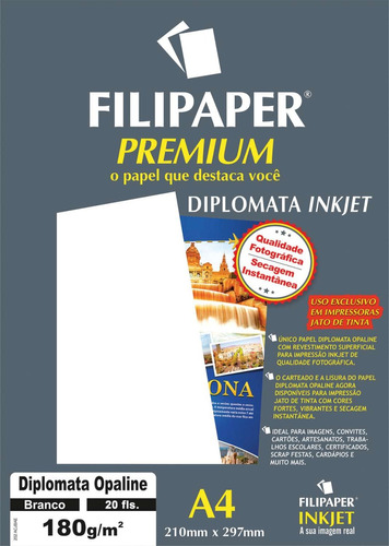2 Papel A4 Diplomata Premium Branco 180g. Filipaper Cx.c/20