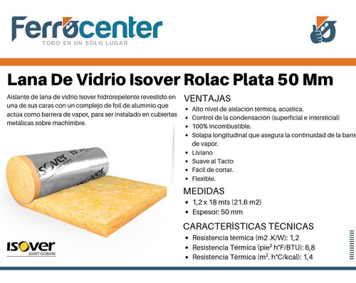 Lana De Vidrio Isover Rolac Plata 50 Mm
