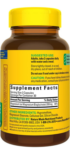Nature Made Glicinato de Magnesio 200mg Alta Absorción 60 capsulas Sin sabor
