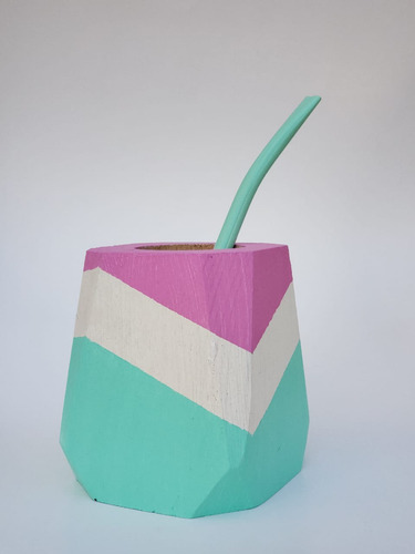 Mate Hexagonal +bombilla - Pintado A Mano - Colores Pasteles