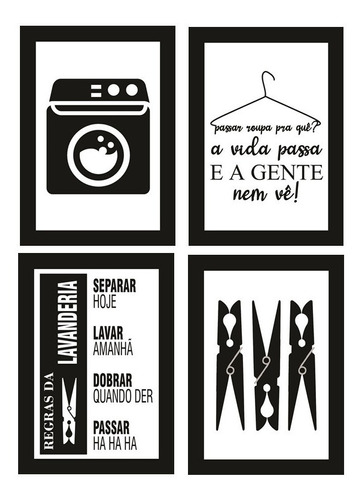 Quadros Decorativos Lavanderia Frases Mdf Kit Com 4 Unid.