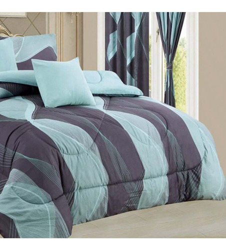 Juego 11 Pz Edredon Individual Reversible Cortinas Y Fundas Turquesa
