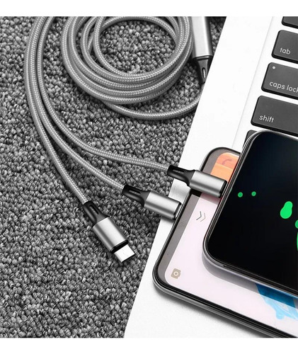 Cabo Carregador Universal Celular Nylon 3 Em 1 Preto Para iPhone Android 1,2m Dados Usb C Micro Usb V8 Controle Auto