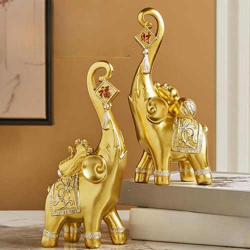 Conjunto De 2 Figuras De Elefantes Esculturas Hogar Dorado