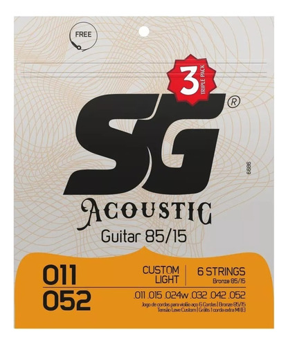 Encordoamento Sg 011 052 Pack Com 3 Violão Aço