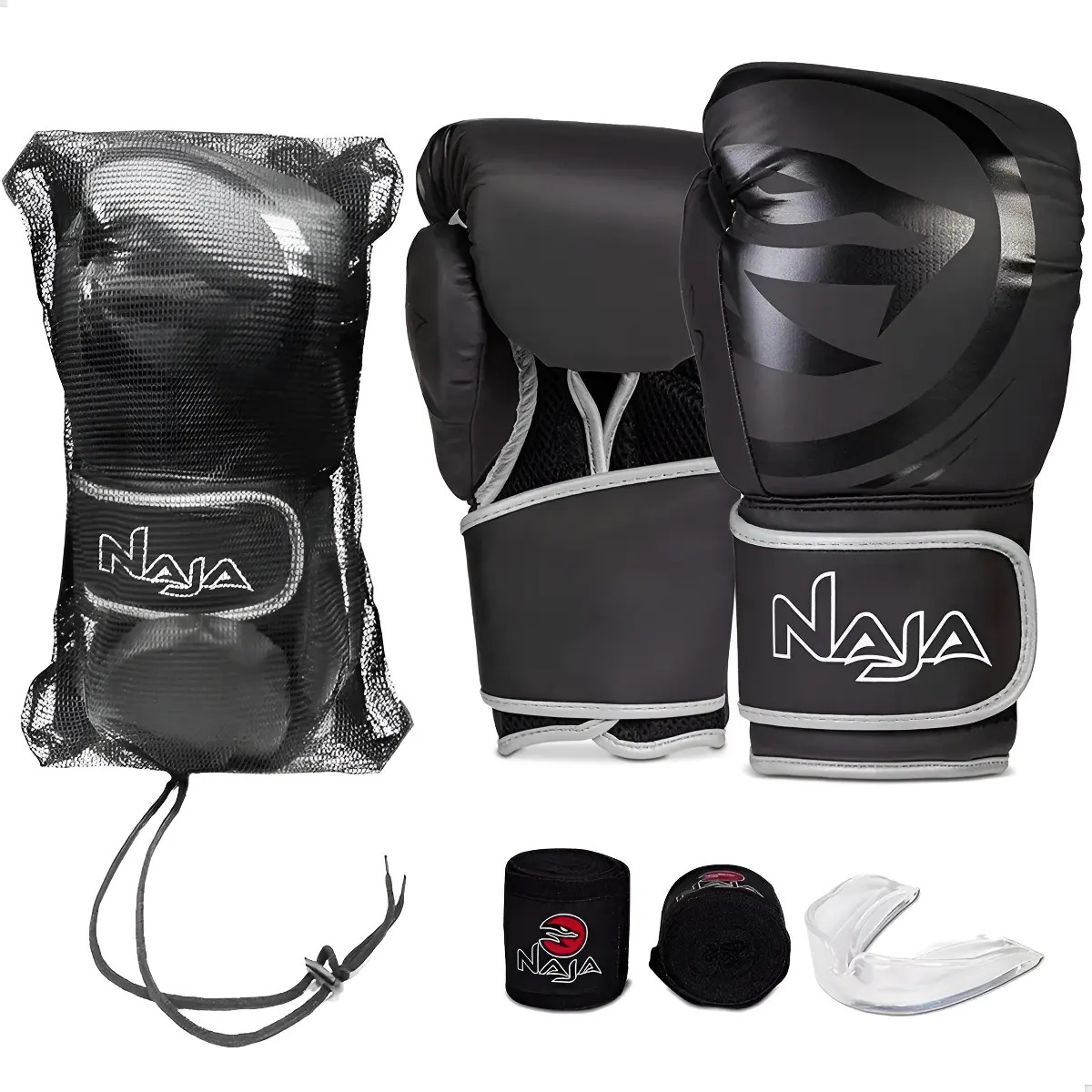 Kit Luva Boxe Muay Thai Naja Black Line + Bandagem + Bucal Cor Prata Tamanho 10oz