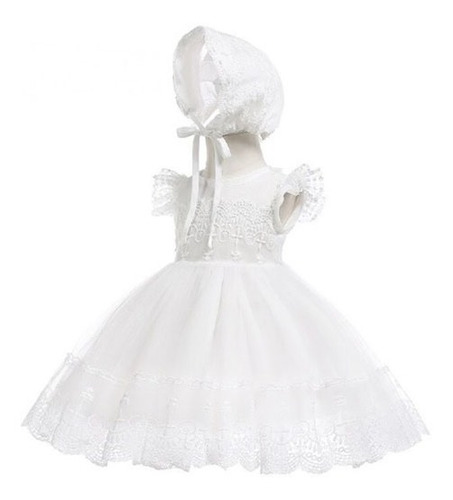 Imagem 1 de 9 de Vestido Branco P/ Bebes Com Touca P/ Batizados Casamentos