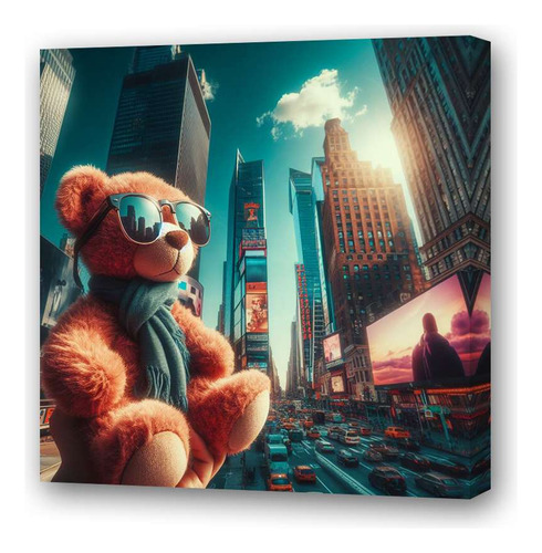 Cuadro 20x20cm Oso Peluche En Times Square Anteojos