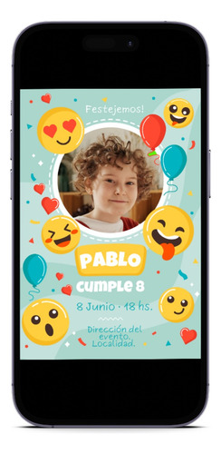 Tarjeta Invitación Cumpleaños Digital Emojis Con Foto
