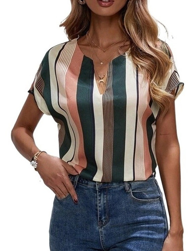 Formal Blusa Dama De A Rayas Corte Holgado Con Mangas Corta