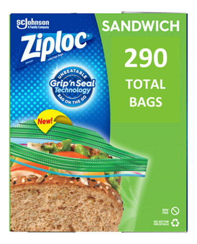 Bolsas De Plástico Reutilizables Ziploc Para Sándwich Con Pestañas Para Una Fácil Apertura, 2 Paquetes Con 145 Bolsas Cada Uno