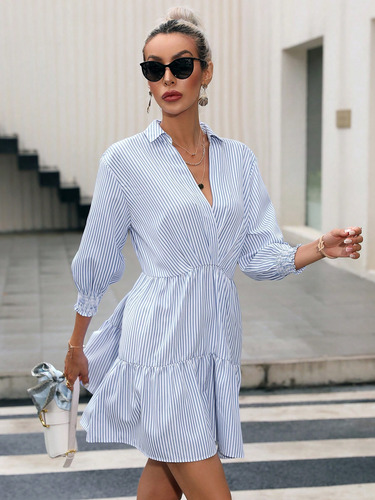 Vestido Smock Con Estampado De Rayas Bajo Con Fruncido