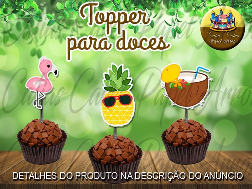 100 Topper Tags Para Doces Tropical Flamingo Coco Abacaxi