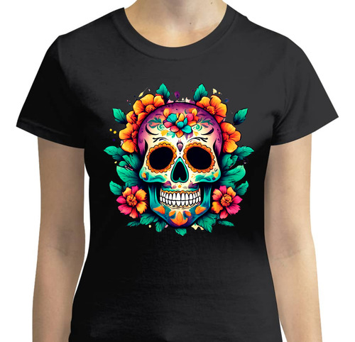 Playera Calavera Diseño Floral - Varios Colores - Hojas