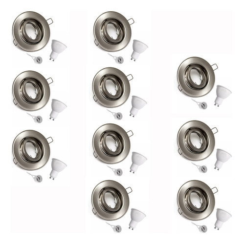 Pack X 10 Spot De Embutir Metalico Redondo Aro Movil Color Acero Platil Completo Con Zolalo Y Led Luz Calida 7w