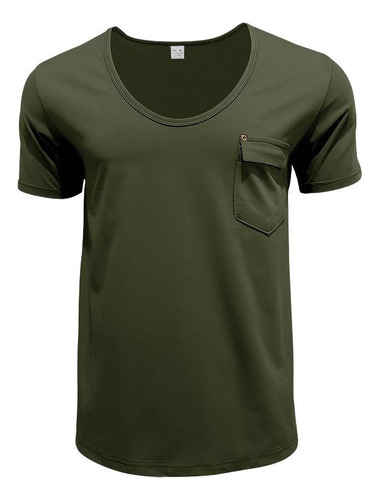A Playera Con Bolsillo, Cuello En V, Color Liso, Talla