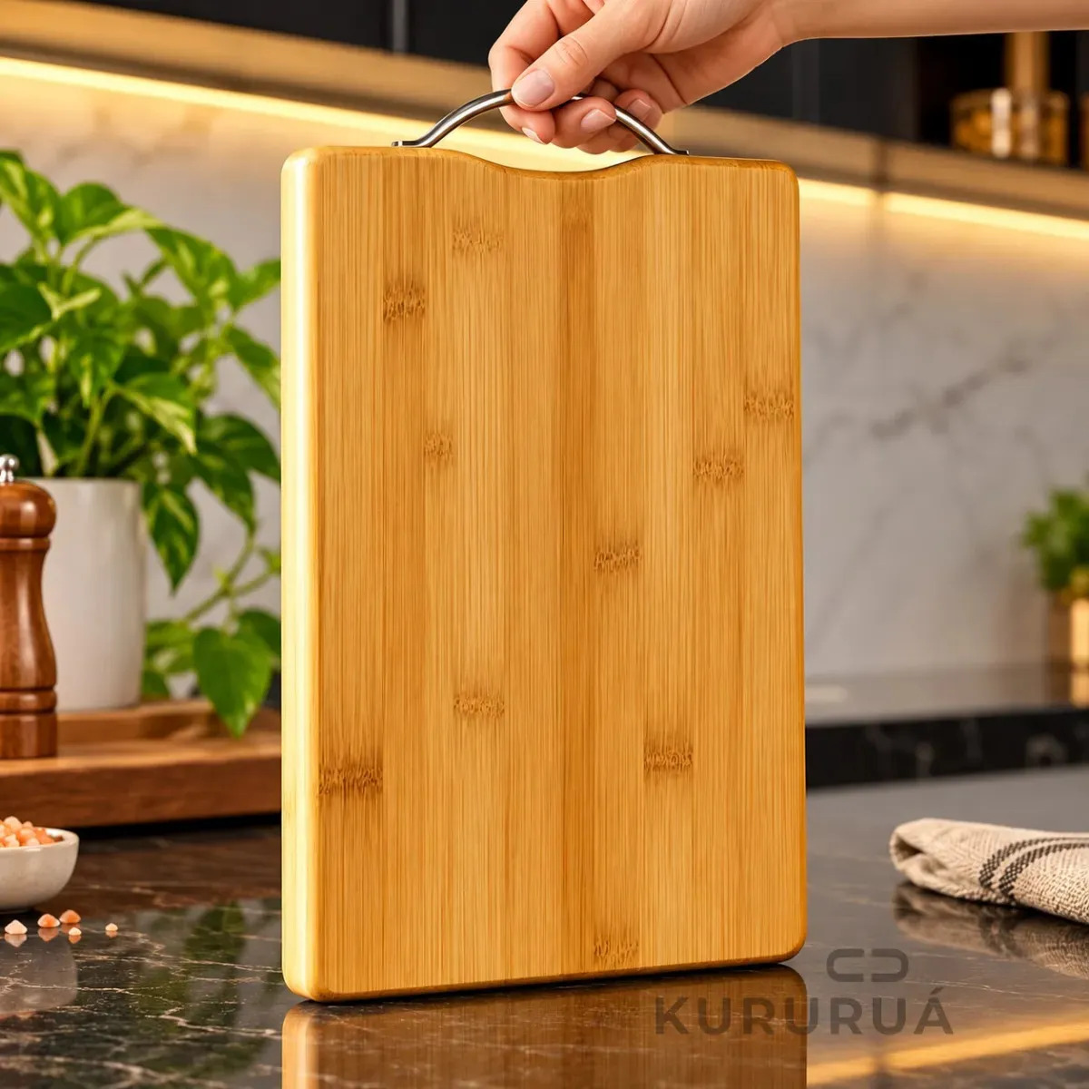 Tabua  Bambu Grande Carne Churrasco Cozinha Com Alça Retangular Gourmet Marca Kururuá