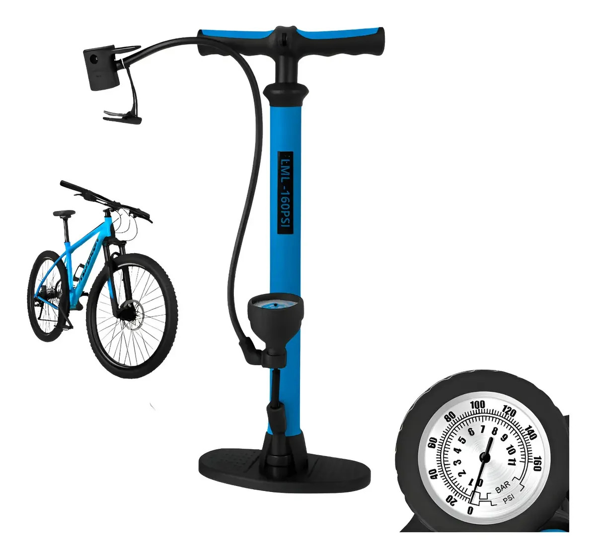 Bomba Ar Manual Encher Pneu Carro Bike Boia 160psi Manômetro Azul