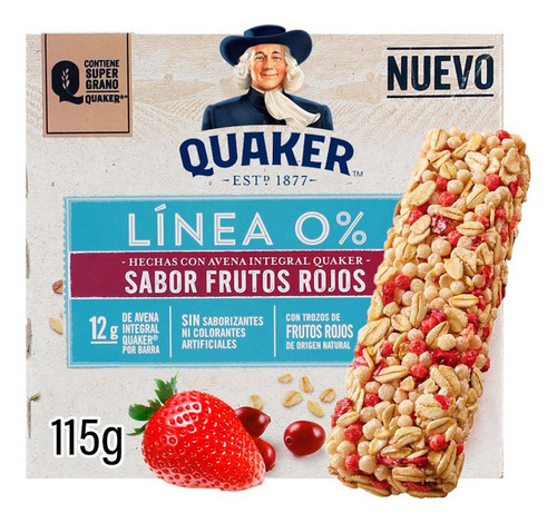 Barras De Avena Quaker Línea 0% Con Frutos Rojos 5 Barras 115g